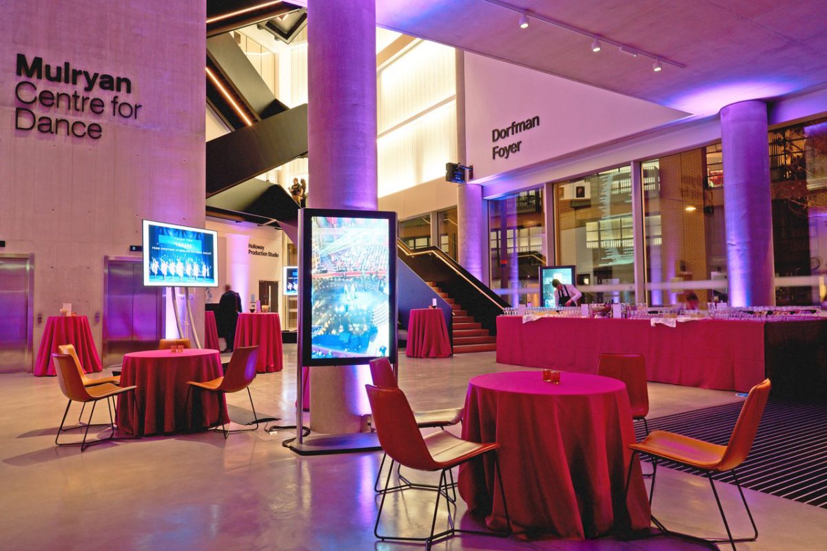 An unique events space in East Loondon, with contemporary architecture, display screen, atmospheric lighting and poser tables