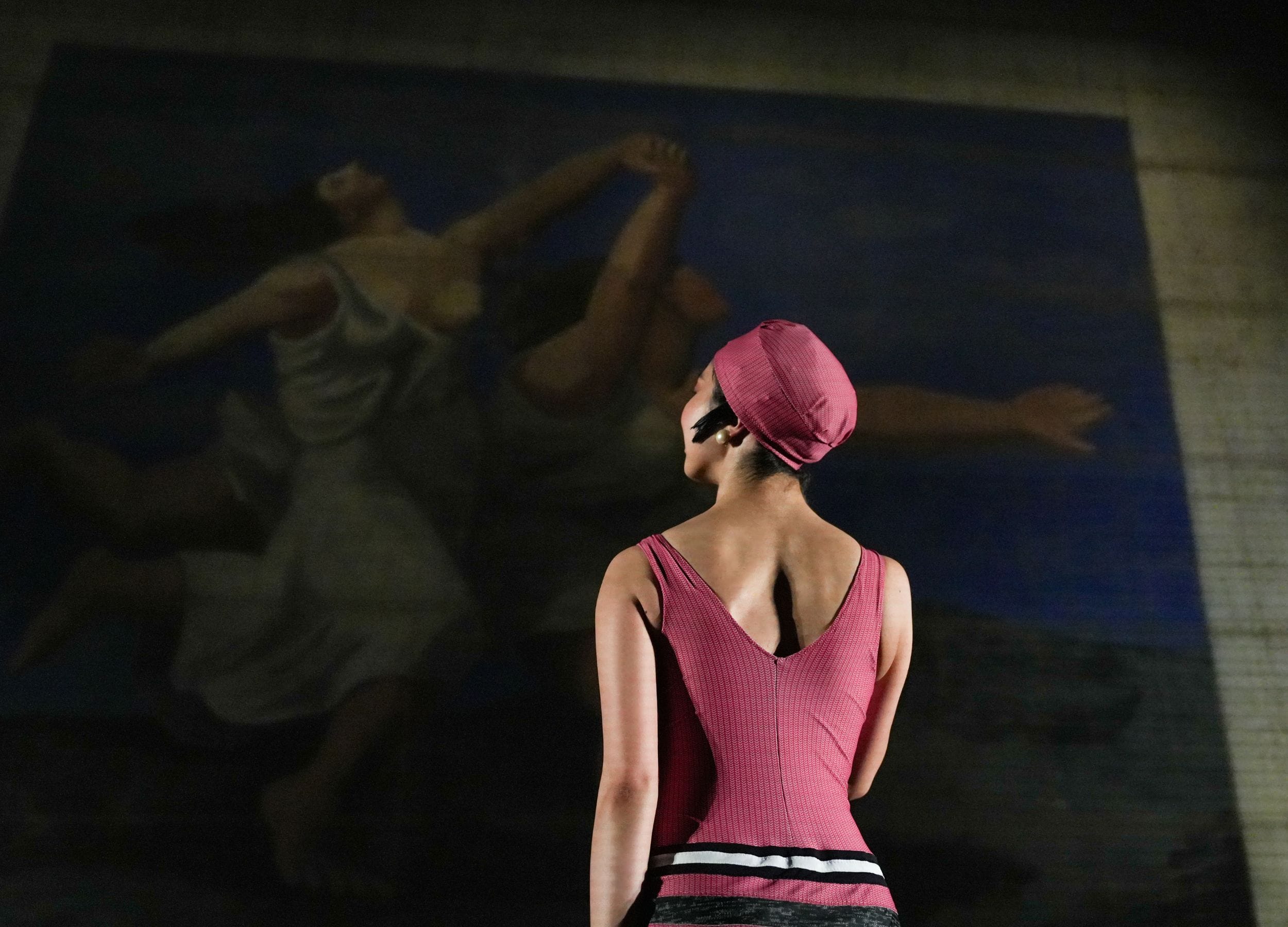Shiori Kase in Le Train Bleu at V&A East Storehouse © Isabella Turolla. Pablo Picasso ‘Train bleu’ front cloth, 1924 © Succession Picasso/DACS, London 2025.